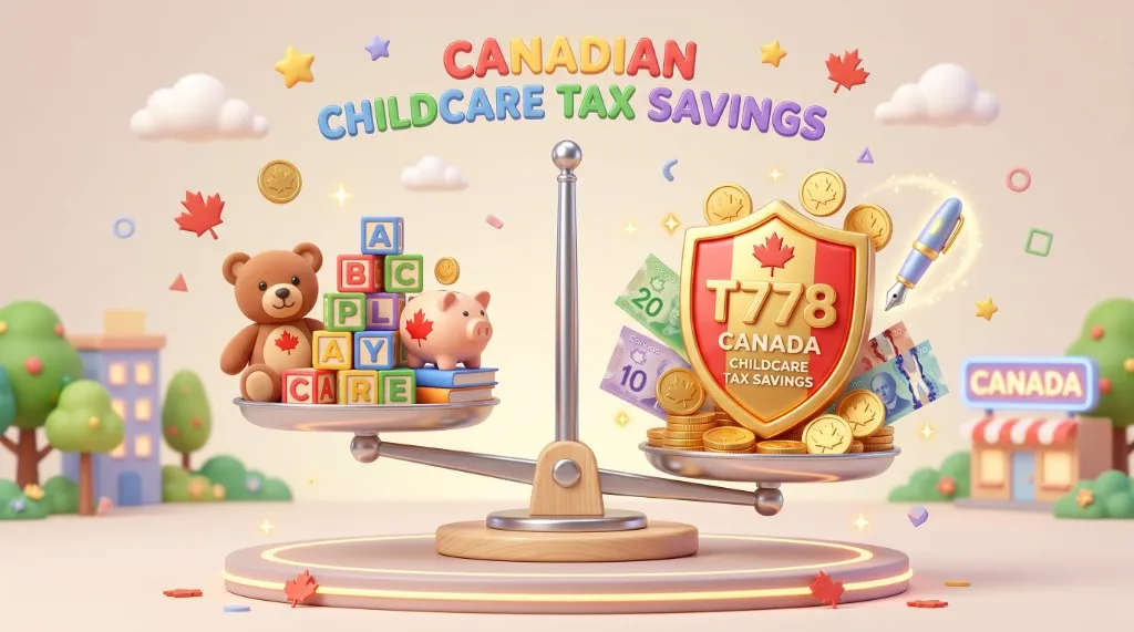 3D illustration of a balance scale weighing nanny childcare costs against CRA Form T778 Canadian childcare tax savings with maple leaf coins and Canadian banknotes