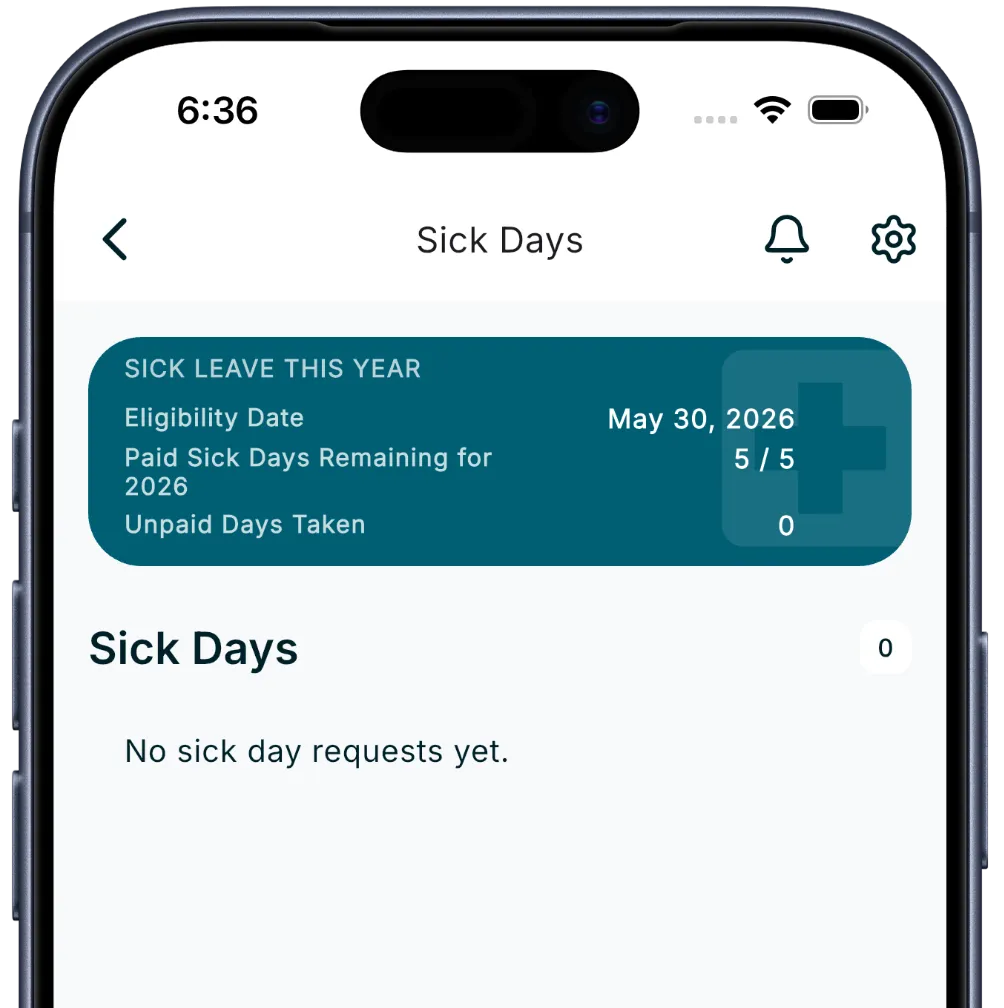Close-up of sick day and leave tracking in the RoostPay app