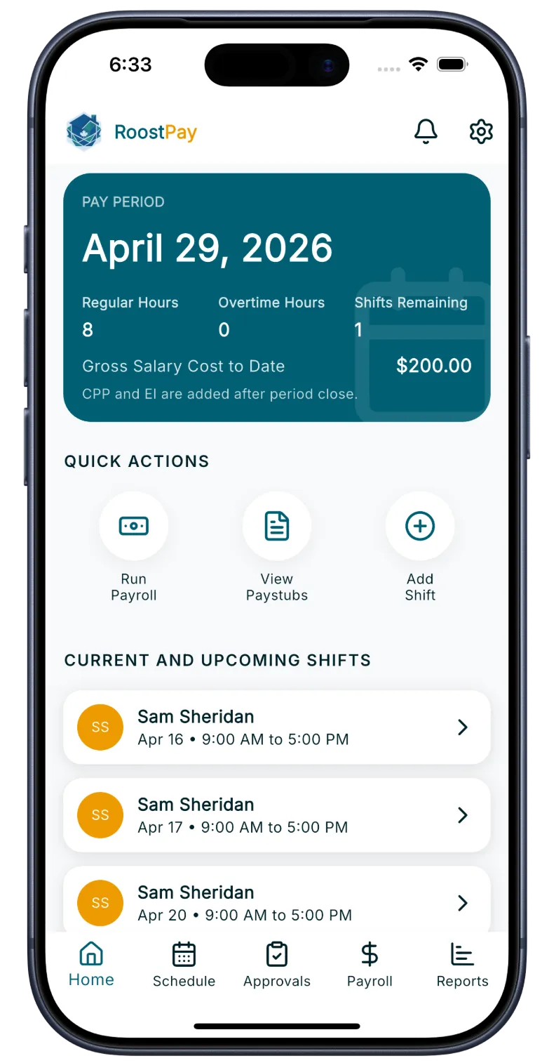 RoostPay employer dashboard showing payroll overview