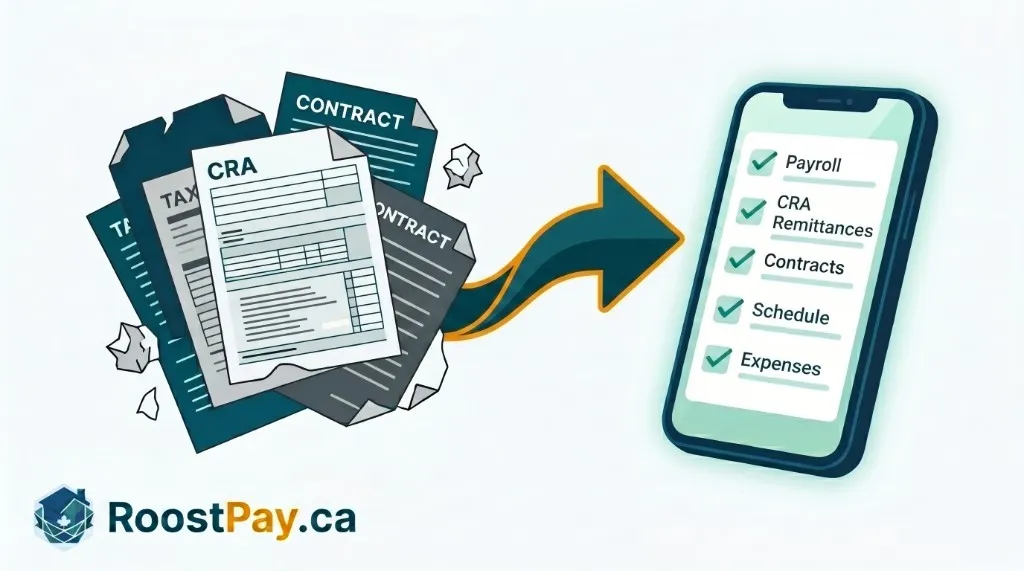 Illustration: messy tax and contract paperwork with an arrow pointing to a phone showing a checklist for payroll, CRA remittances, contracts, schedule, and expenses—moving from DIY admin stress to organized digital workflows.