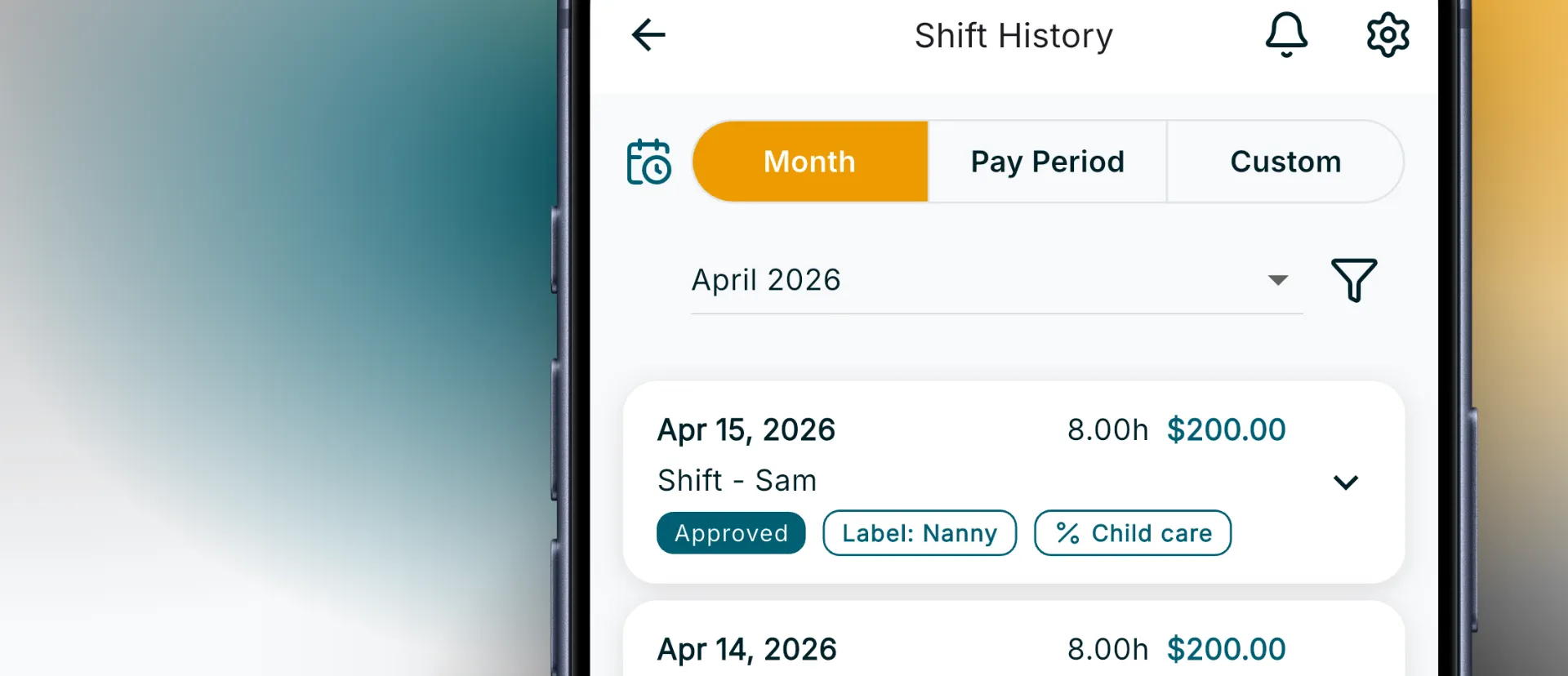 Shift history report in RoostPay with hours and payroll summaries