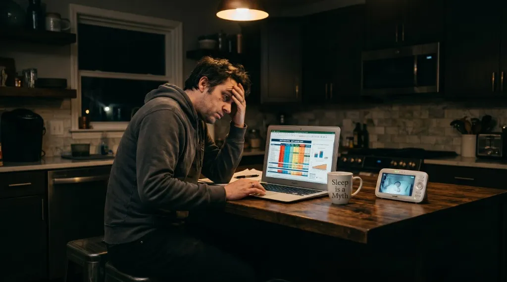 Founder working late at a kitchen table with payroll spreadsheets on a laptop and a mug that says Sleep is a Myth.
