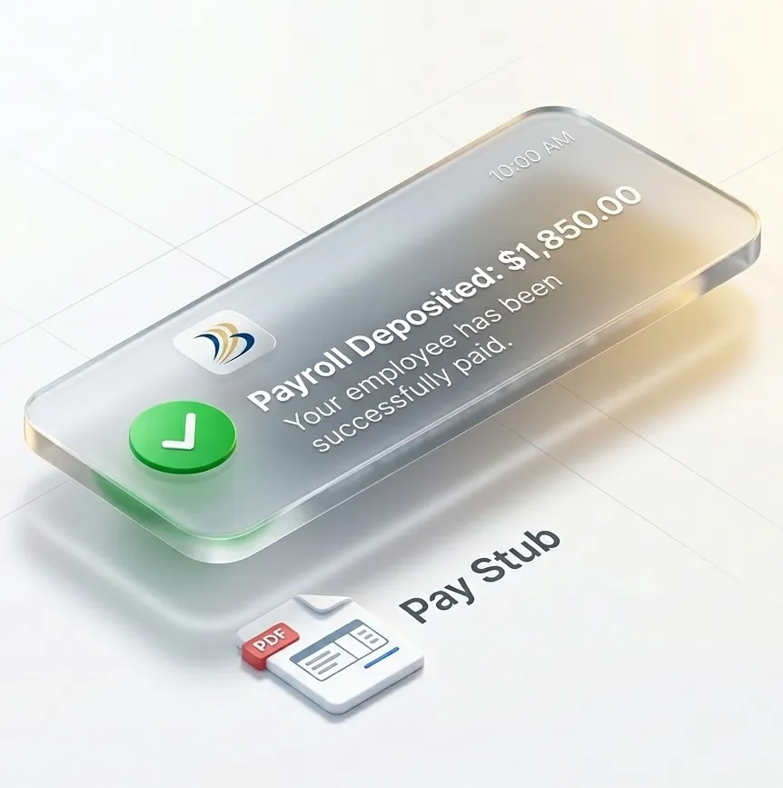 Payroll deposited notification with pay stub—direct deposit confirmed