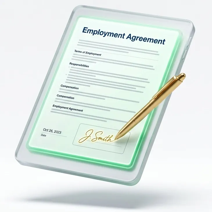 Digital Employment Agreement on a tablet being signed with a gold pen